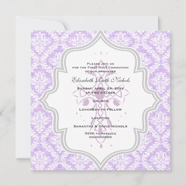 Purple Cross white damask burlap First Communion Invitation (Front)