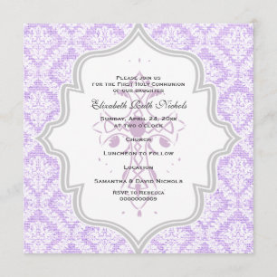 Purple Cross white damask burlap First Communion Invitation