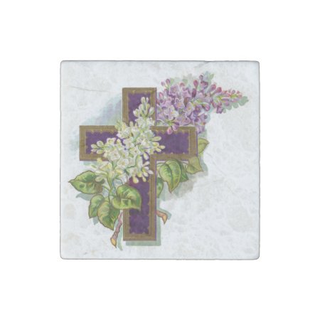 Purple Cross With Flowers Stone Magnet