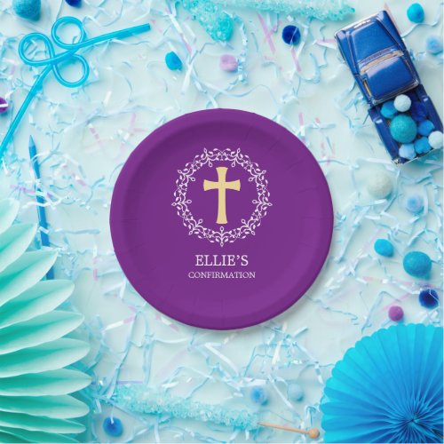 Purple Cross Wreath Confirmation Paper Plates