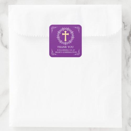 Purple Cross Wreath Confirmation Square Sticker