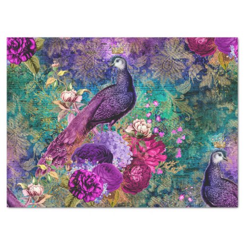 Purple Crowned Peacock with Flowers Decoupage Tissue Paper