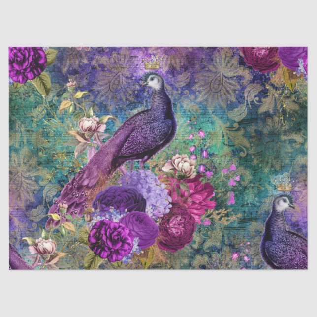 Purple Crowned Peacock with Flowers Decoupage Tissue Paper (Front)