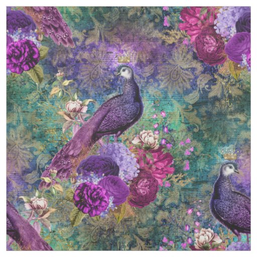 Purple Crowned Peacock with Flowers Fabric