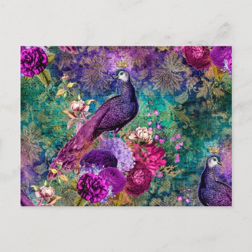 Purple Crowned Peacock with Flowers Postcard