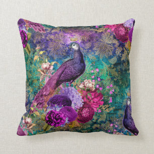 Purple Crowned Peacock with Flowers Throw Pillow