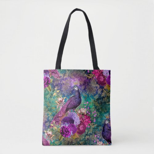 Purple Crowned Peacock with Flowers Tote Bag