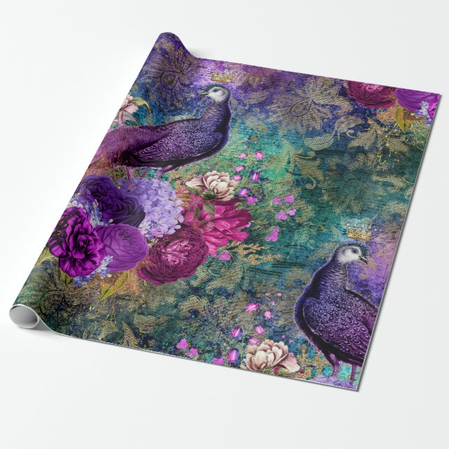 Purple Crowned Peacock with Flowers Wrapping Paper (Unrolled)