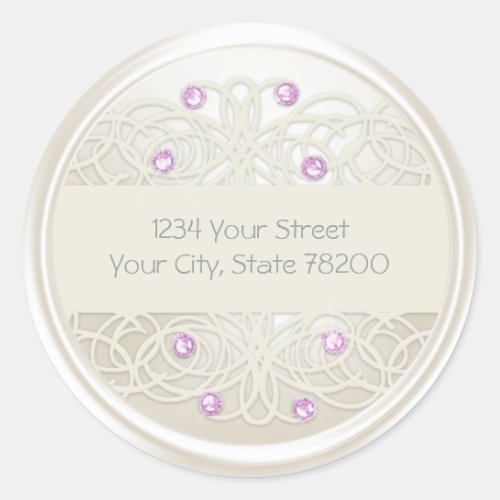 Purple Crystal and Pearl Damask Return Address Classic Round Sticker