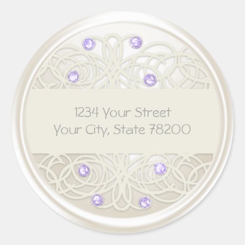 Purple Crystal and Pearl Damask Return Address Classic Round Sticker