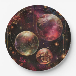 Purple Crystal Planet Galaxy Floral Cosmic Paper Plates