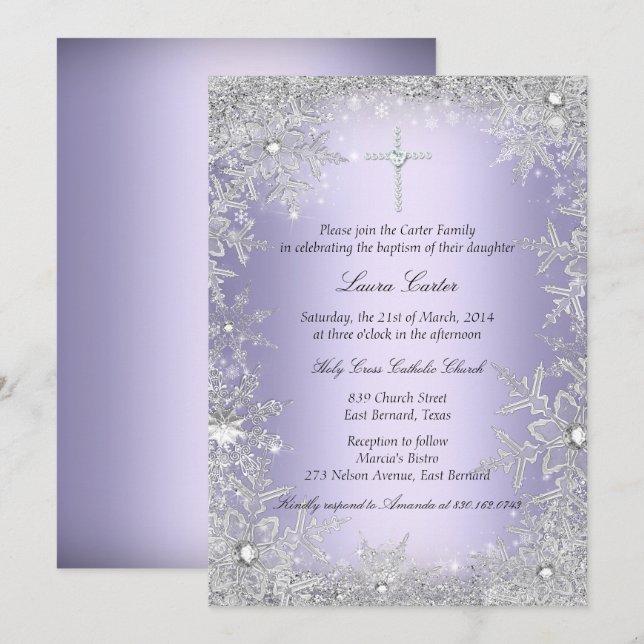 Purple Crystal Snowflake Baptism/Christening Invitation (Front/Back)