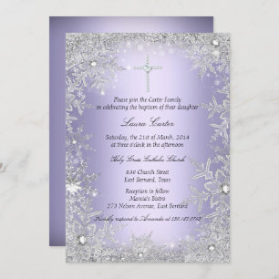 Purple Crystal Snowflake Baptism/Christening Invitation