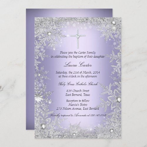 Purple Crystal Snowflake BaptismChristening Invitation