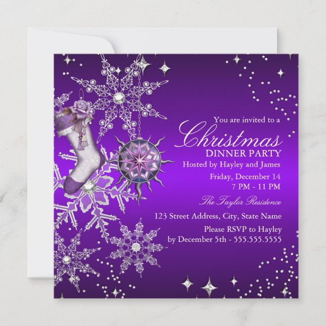 Purple Crystal Snowflake Christmas Dinner Party 3 Invitation (Front)