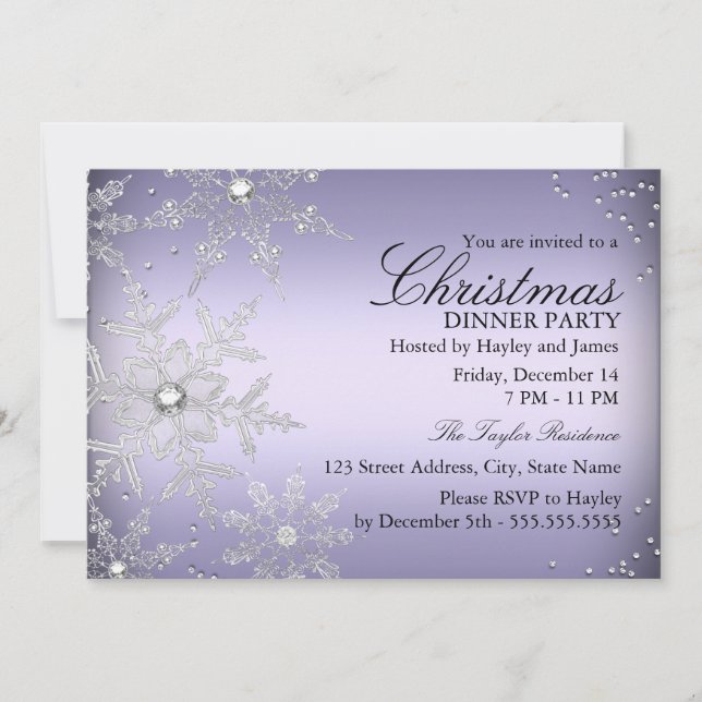 Purple Crystal Snowflake Christmas Dinner Party Invitation (Front)