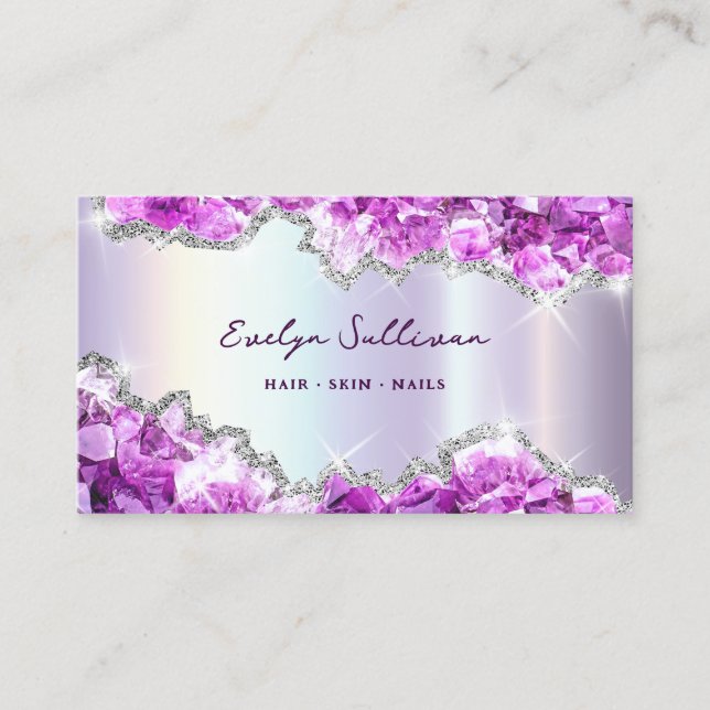 purple crystals faux foil geode business card (Front)