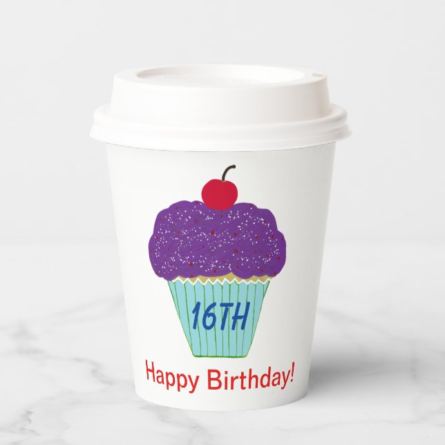 Purple Cupcake 16th Birthday Party  Paper Cups (Front)