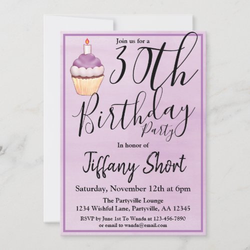 Purple Cupcake 30th Birthday Party Invitation