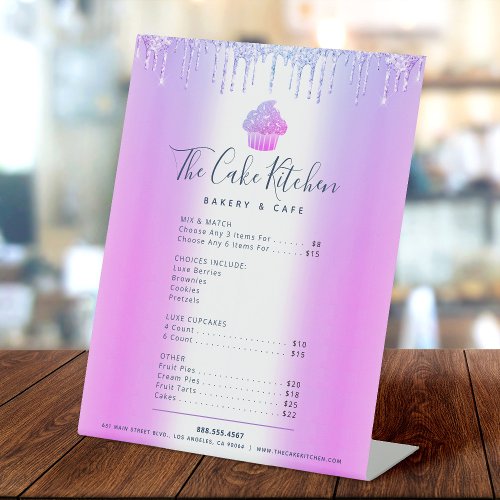 Purple Cupcake Glitter Drip Bakery Menu Price List Pedestal Sign