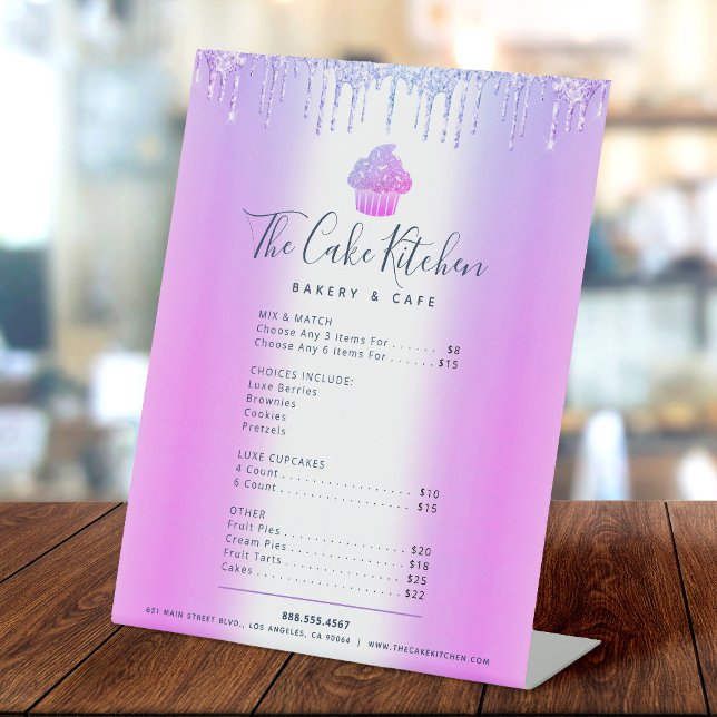 Purple Cupcake Glitter Drip Bakery Menu Price List Pedestal Sign (Creator Uploaded)