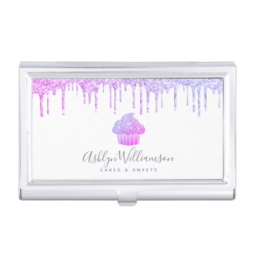 Purple Cupcake Glitter Drips Bakery Pastry Chef Business Card Case