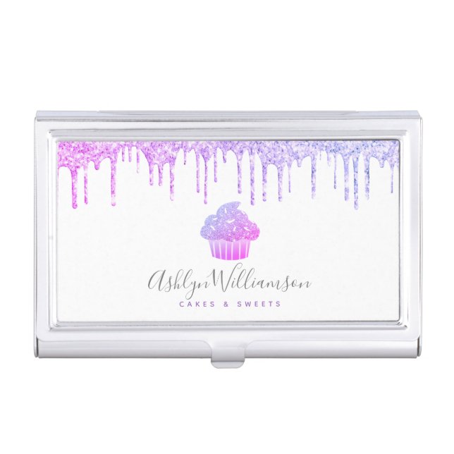 Purple Cupcake Glitter Drips Bakery Pastry Chef Business Card Case (Front)