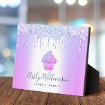 Purple Cupcake Glitter Drips Bakery Pastry Chef Plaque<br><div class="desc">Present your best self to your clients, with this elegant, sophisticated, simple, and modern custom business name easel back plaque. A sparkly, purple pink blue ombre cupcake, script handwritten typography and glitter drips overlay a faux metallic purple blue ombre background. Personalize with your full name and/or business. Available in 3...</div>