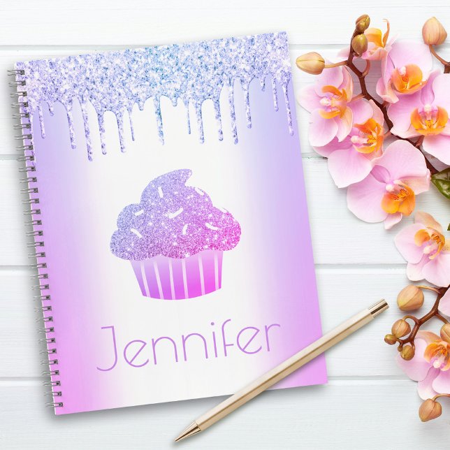 Purple cupcake glitter drips bold glam modern name notebook (Creator Uploaded)
