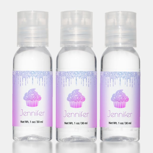 Purple cupcake glitter drips modern add your name hand sanitizer (Set)