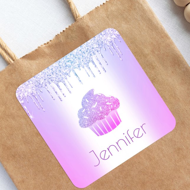 Purple cupcake glitter drips modern girly name  square sticker (Creator Uploaded)