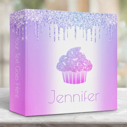 Purple cupcake glitter drips modern glam bold name 3 ring binder