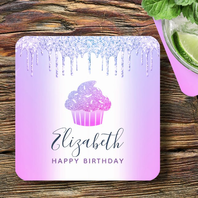 Purple cupcake glitter drips monogram name script square paper coaster (Creator Uploaded)