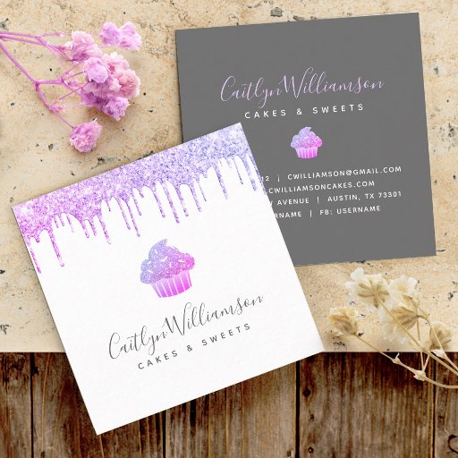 Customizable Purple Cupcake Glitter Drips Pastry Chef Bakery  Square Business Card