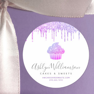 Purple Cupcake Pastry Chef Bakery Glitter Drips Classic Round Sticker