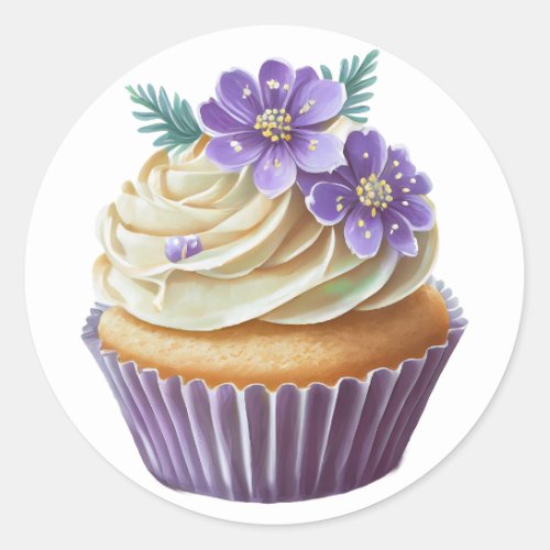 Purple cupcake with flowers birthday  classic round sticker
