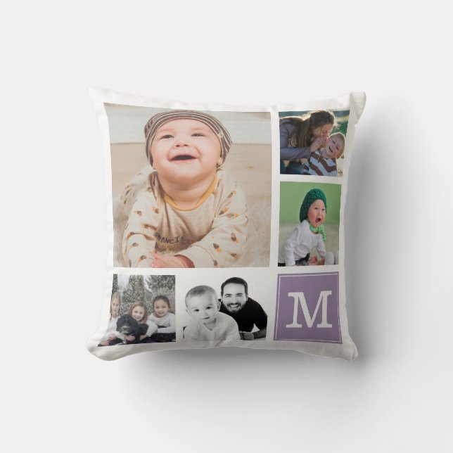 Purple Custom 10 Photo Collage Gallery Monogram Throw Pillow (Front)