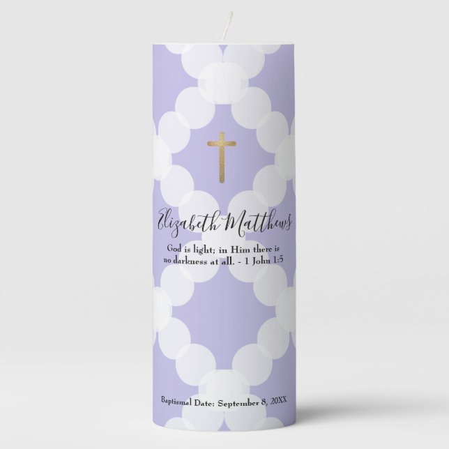 Purple custom God is light bible verse Baptism Pillar Candle (Front)