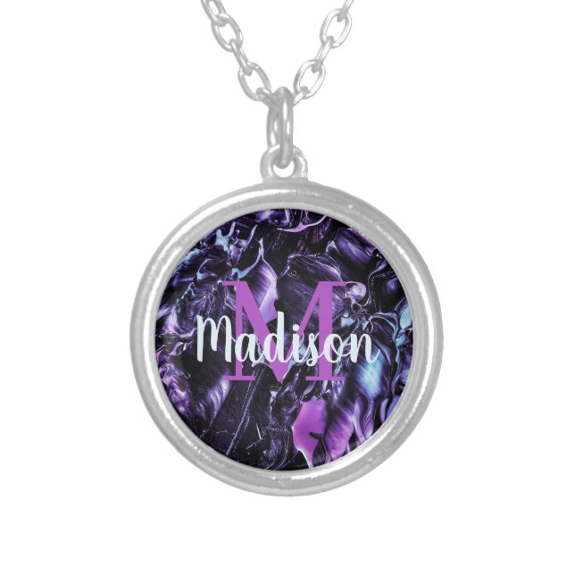 Purple Custom Marble Name Gift Personalized Silver Plated Necklace (Front)