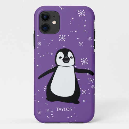Purple Custom Name Cute Penguin Snow iPhone 11 Case