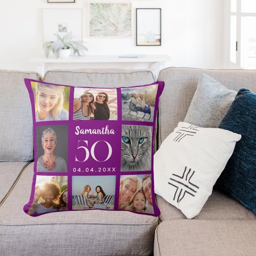Purple custom photo collage birthday throw pillow