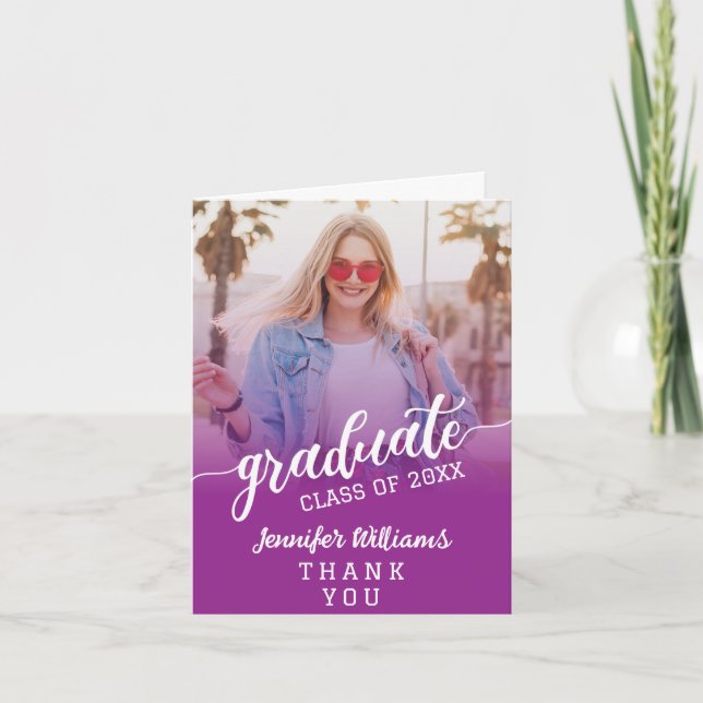Purple Custom Photo Graduation with Message Thank You Card (Front)