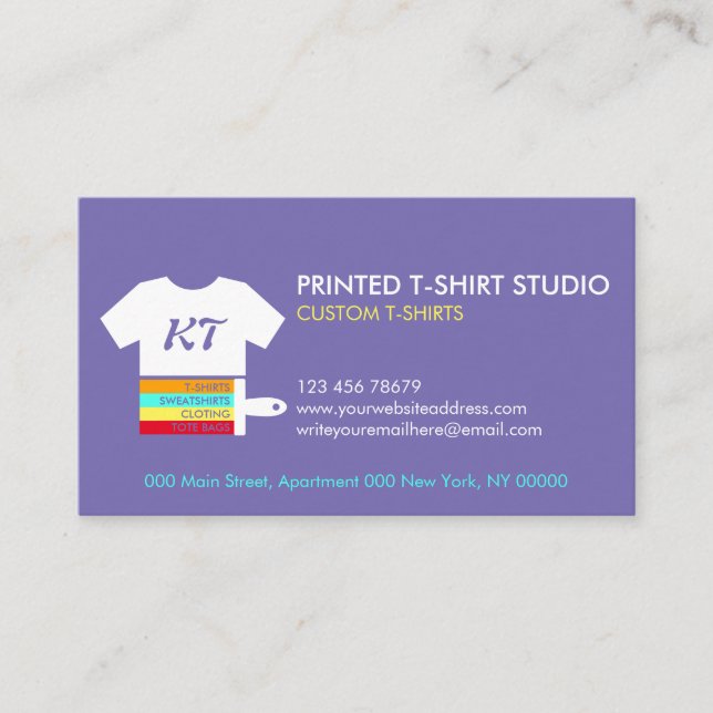 Purple Custom T-Shirts Bags Clothing Business Card (Front)