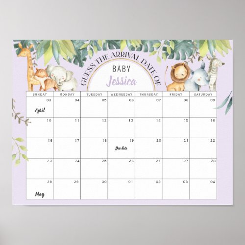 Purple cute animals girl baby shower guessing game poster
