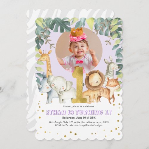 Purple cute animals Girl first birthday photo Invi Invitation