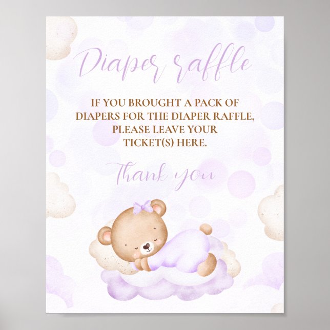 Purple Cute Bear Baby Shower Diaper Raffle Sign (Front)