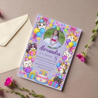 Purple Cute cats Birthday Party Photo Invitation