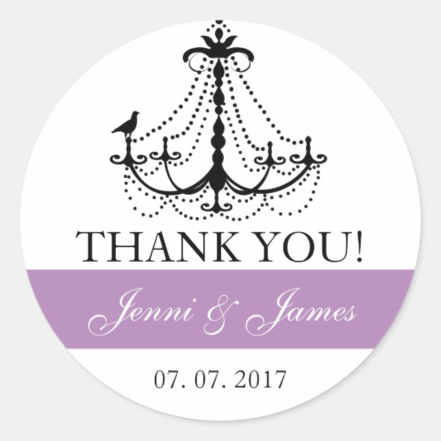Purple Cute Chandelier Wedding Favor Thank You Classic Round Sticker (Front)