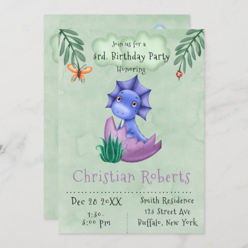 Purple Cute Dinosaur and Friends Birthday Party Invitation