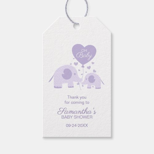 Purple Cute Elephant Baby Shower Favor Thank You Gift Tags